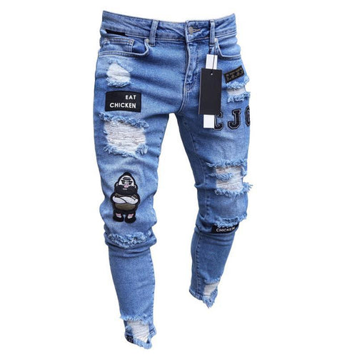 DOSIM Fear Of Gold Fashion Men Jeans Hip Hop Cool Streetwear Biker Patch Hole Ripped Skinny Jeans Slim Fit Mens Clothes Pencil Jeans