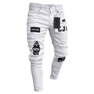 DOSIM Fear Of Gold Fashion Men Jeans Hip Hop Cool Streetwear Biker Patch Hole Ripped Skinny Jeans Slim Fit Mens Clothes Pencil Jeans