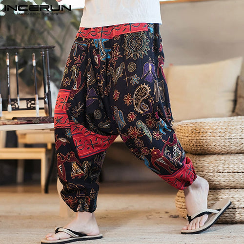 DOSIM 2019 Men Harem Pants Print Retro Drop Crotch Joggers Cotton Trousers Men Baggy Loose Nepal Style Men Casual Pants S-5XL