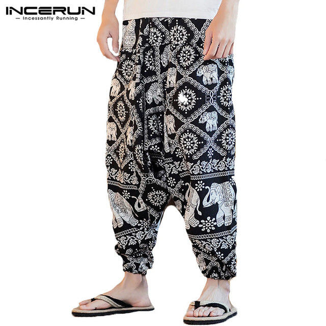 DOSIM 2019 Men Harem Pants Print Retro Drop Crotch Joggers Cotton Trousers Men Baggy Loose Nepal Style Men Casual Pants S-5XL