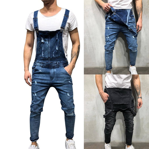 DOSIM US Size Men Ripped Denim Jumpsuit Overalls Jean Casual Suspenders Pants Men Fashion Hip Hop Jumpsuit Jean Bib Pant Streetwear