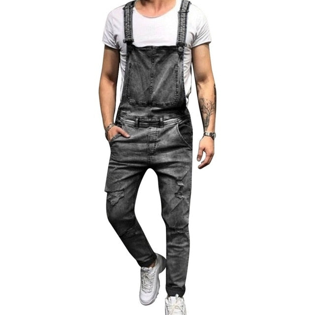 DOSIM US Size Men Ripped Denim Jumpsuit Overalls Jean Casual Suspenders Pants Men Fashion Hip Hop Jumpsuit Jean Bib Pant Streetwear